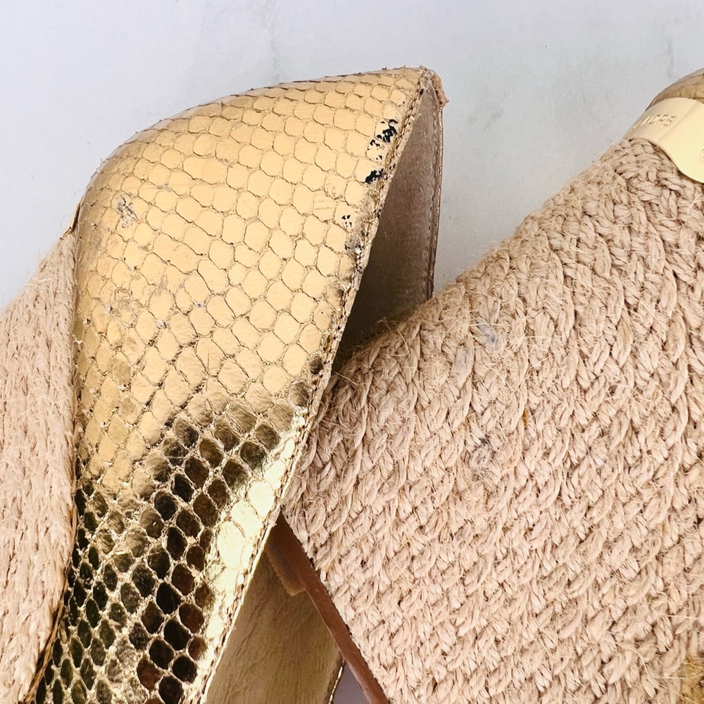 MICHAEL KORS Gold Leather Espadrille Wedge Slip On Peep Toes Pumps Shoes - Picture 7 of 11
